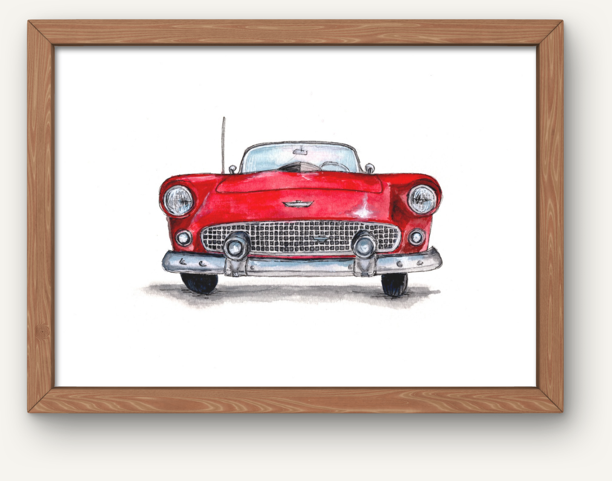 Drawing of a red vintage car with a white background, framed in a wooden frame.