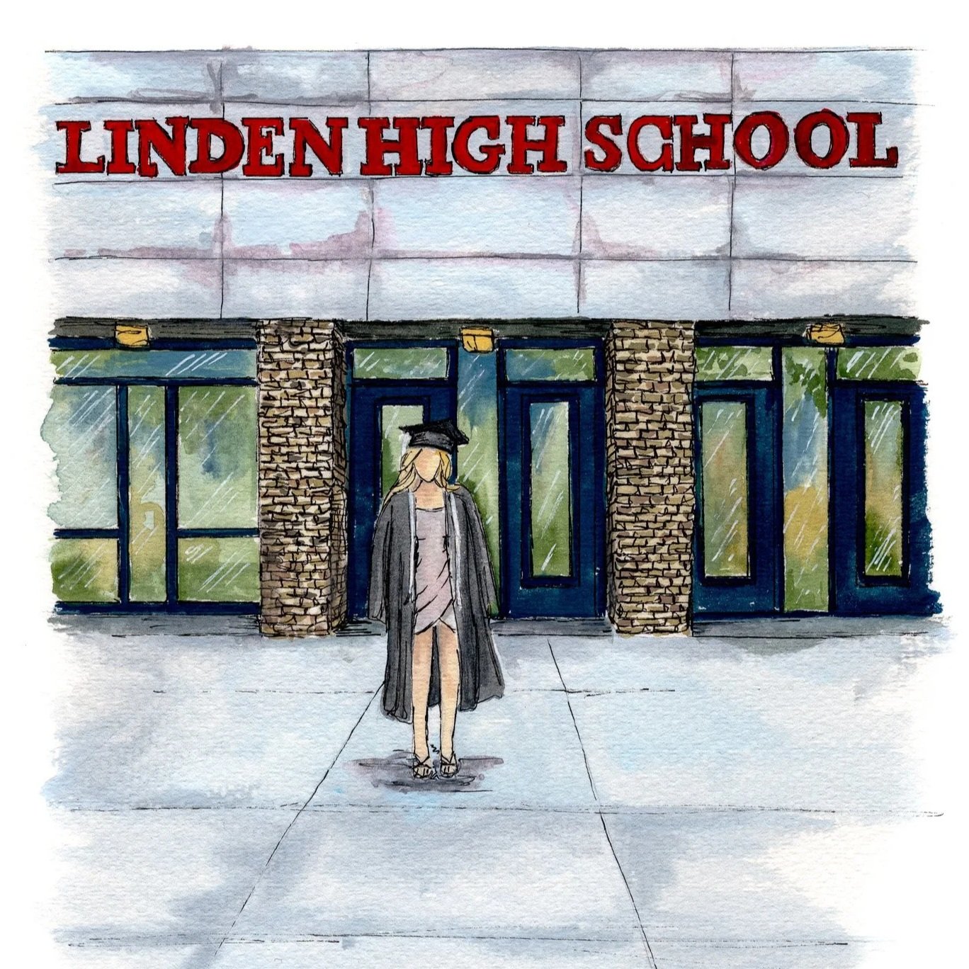 A watercolor illustration of a graduate in a cap and gown standing in front of Linden High School, which has a brick facade and large glass windows.
