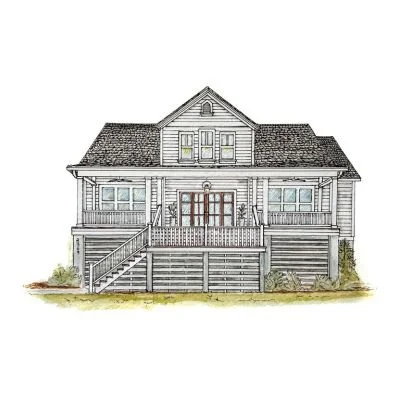 Drawing of a two-story house with a front porch, stairs leading up to it, and a gabled roof, surrounded by grass.