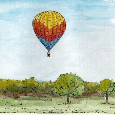 Watercolor painting of a hot air balloon flying over green trees and grass under a blue sky.