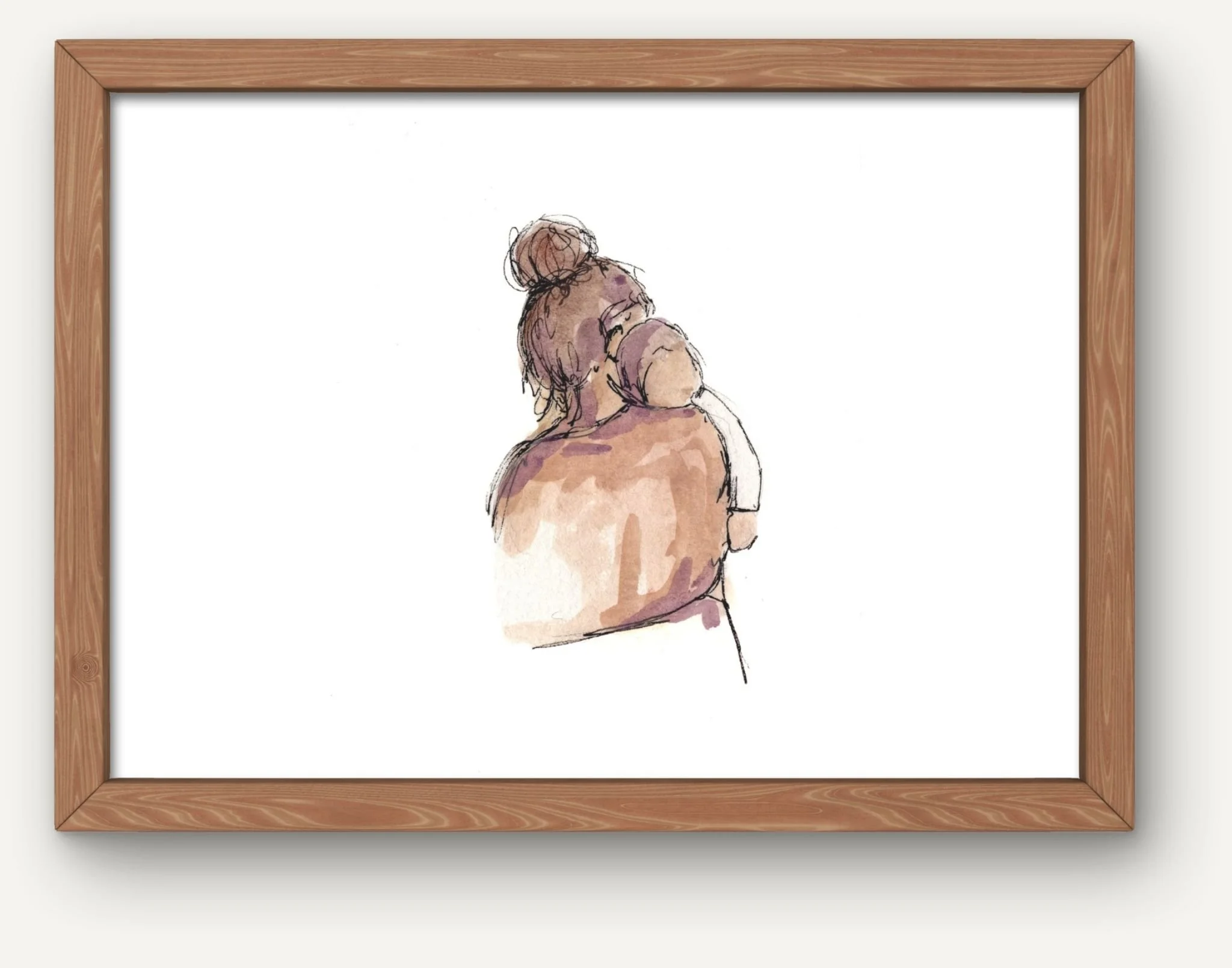 Framed watercolor painting of a woman with long hair holding a child, both seen from the back.