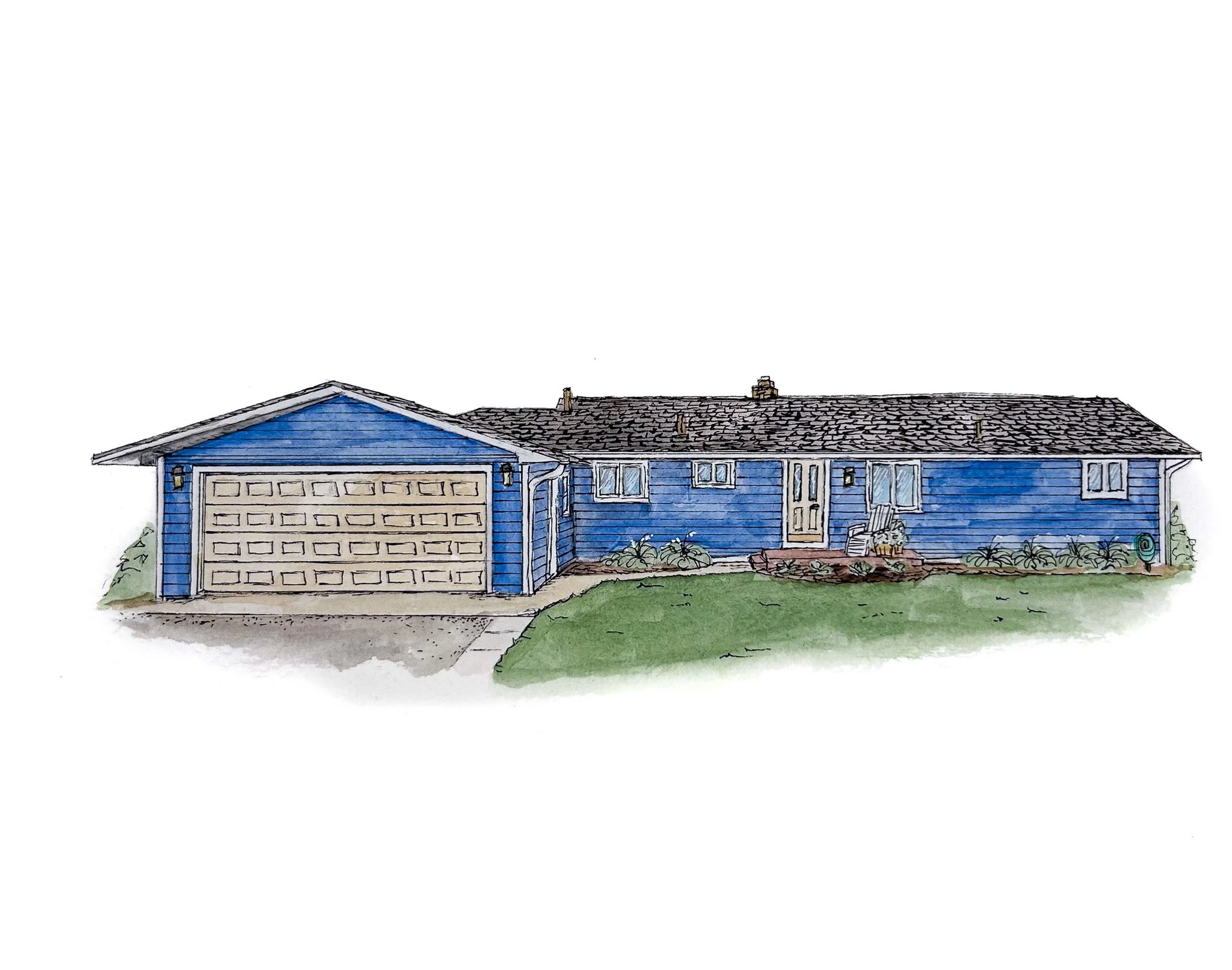 A watercolor painting of a blue house with a garage, front door, and windows, surrounded by a lawn and a small garden.