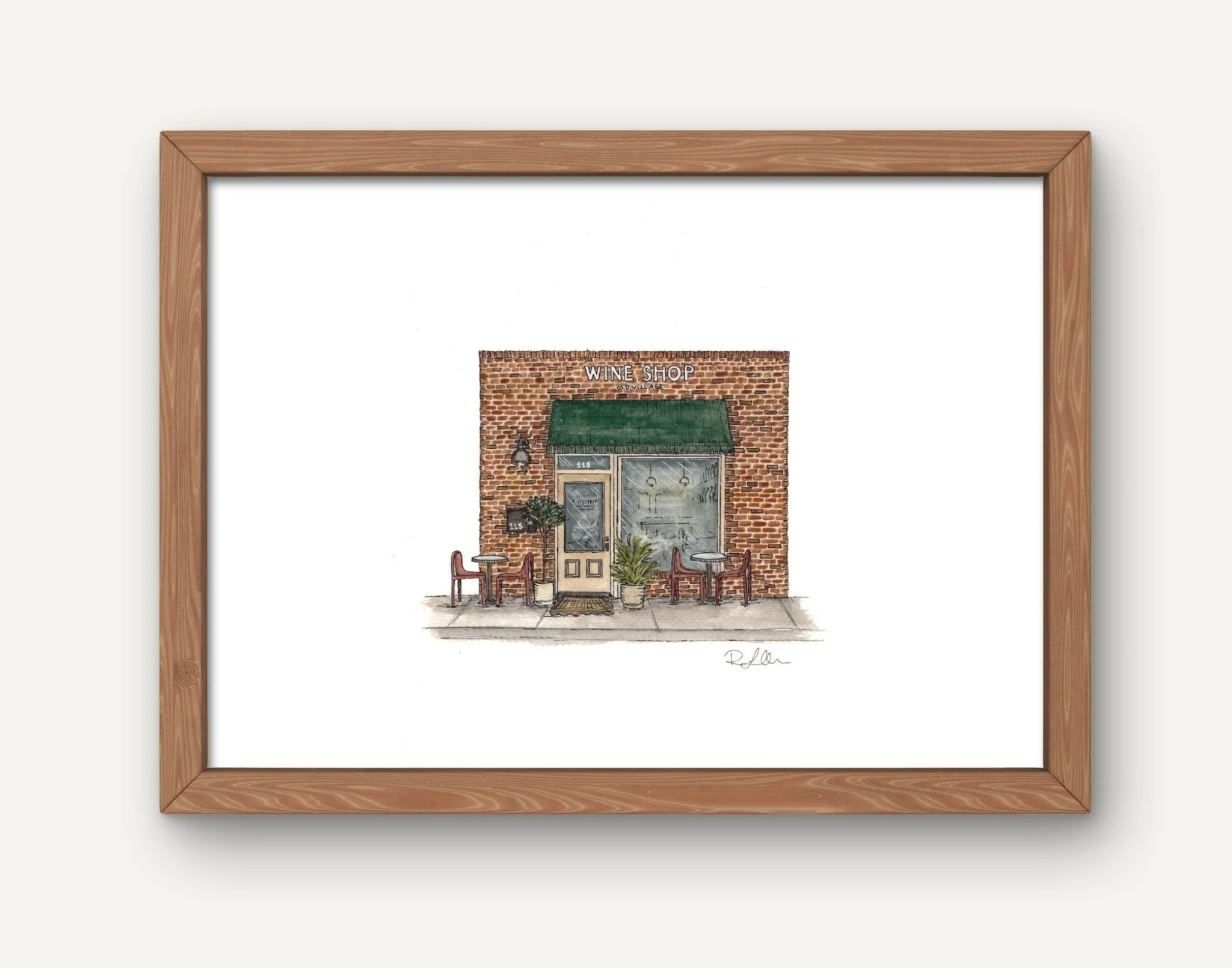 Watercolor painting of a cozy brick storefront with a green awning, outdoor seating, and potted plants.