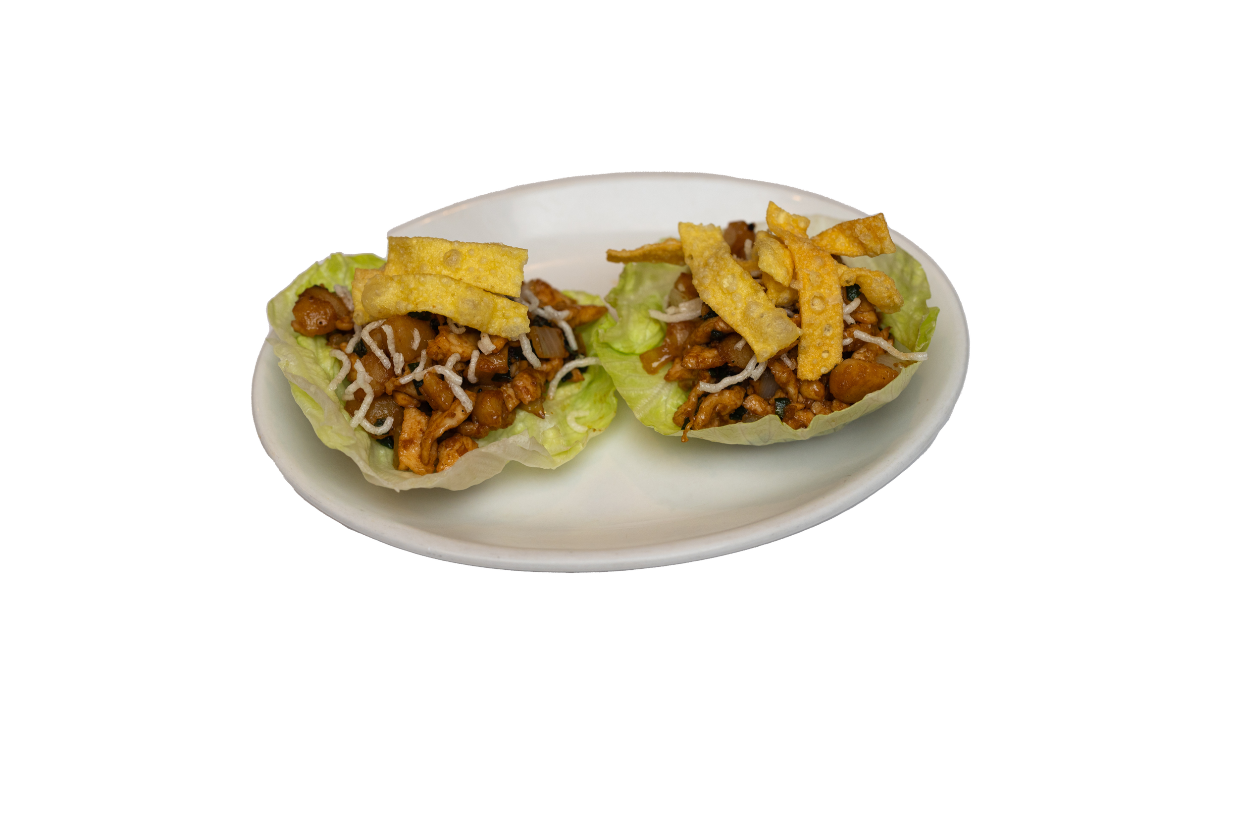 Two lettuce leaf cups filled with diced chicken, water chestnut, and vegetables, topped with fried strips and crispy rice noodle.