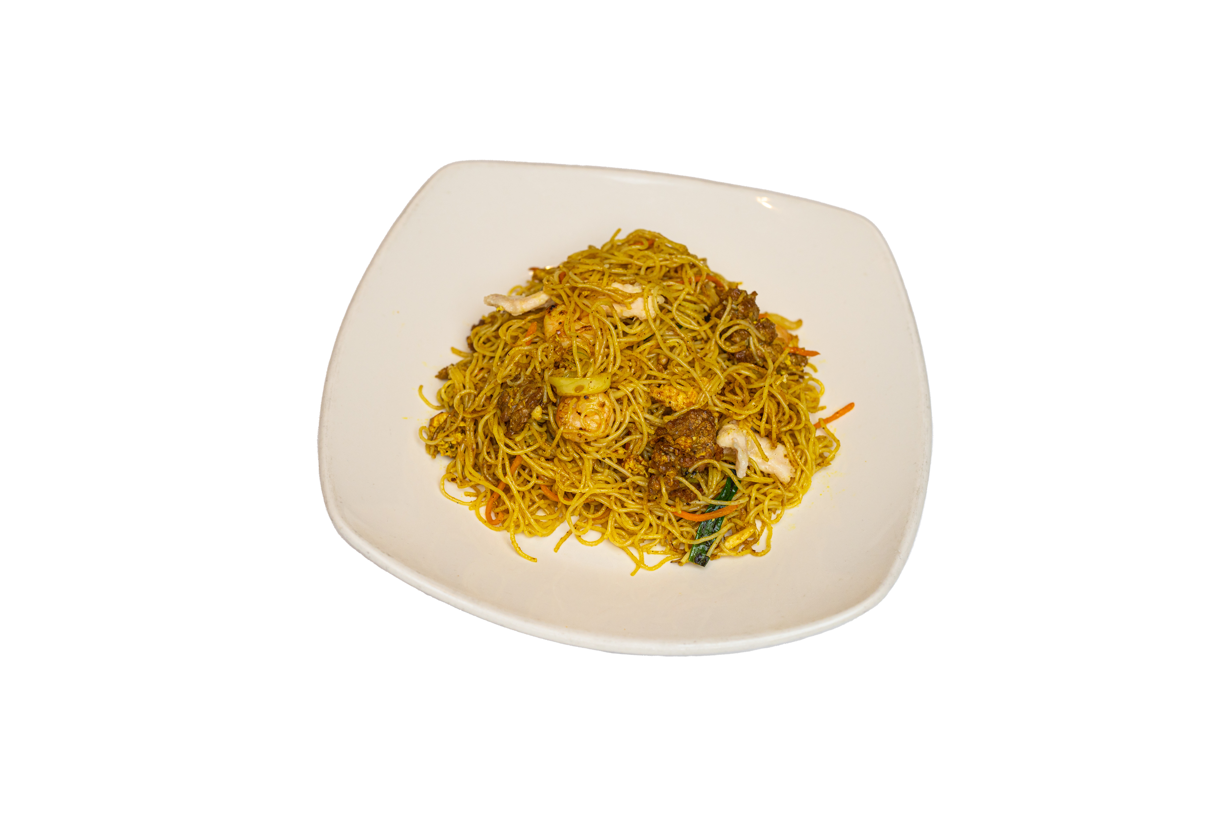 A flavorful stir-fry of thin rice noodles with aromatic curry seasoning.
