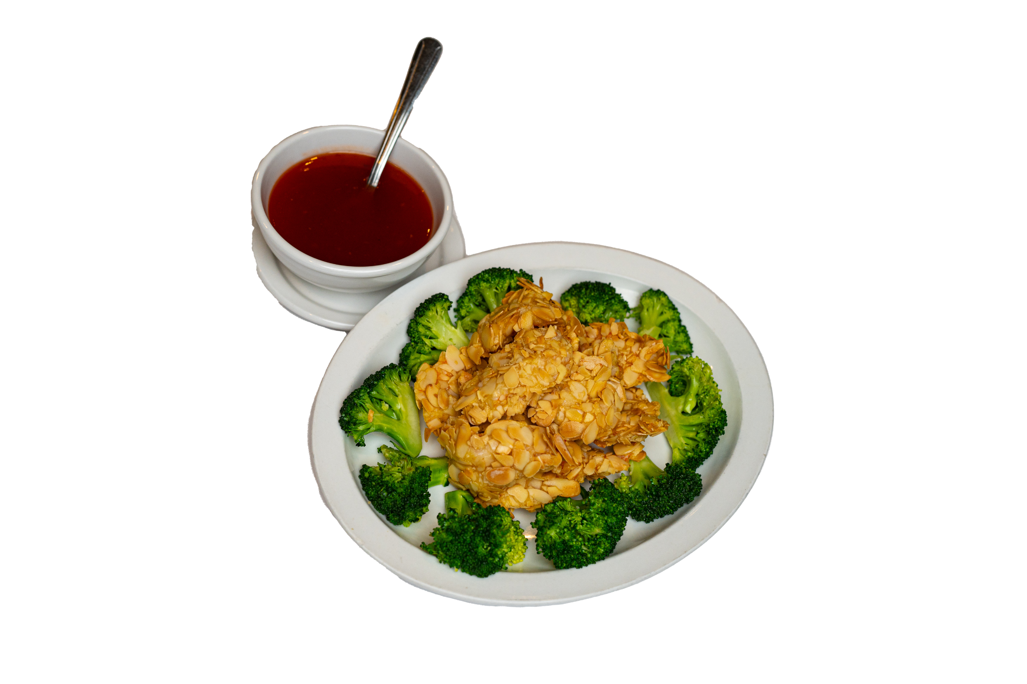 Golden fried shrimp coated with sliced almonds and served with our sweet almond sauce.