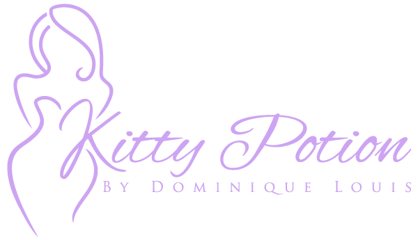 Logo featuring a purple line drawing of a woman with long hair and the text 'Kitty Potion by Dominique Louis' in purple script.