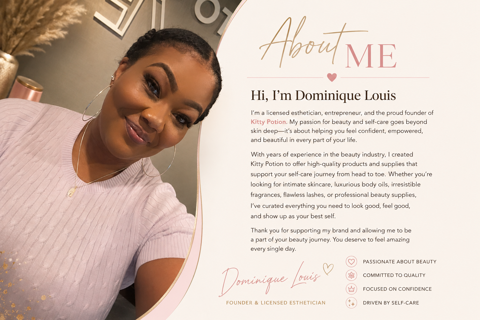 A woman with short, curly hair and hoop earrings smiling for a photo next to an 'About Me' section of a website or portfolio. The background includes decorative dried plants and a neutral-toned room.