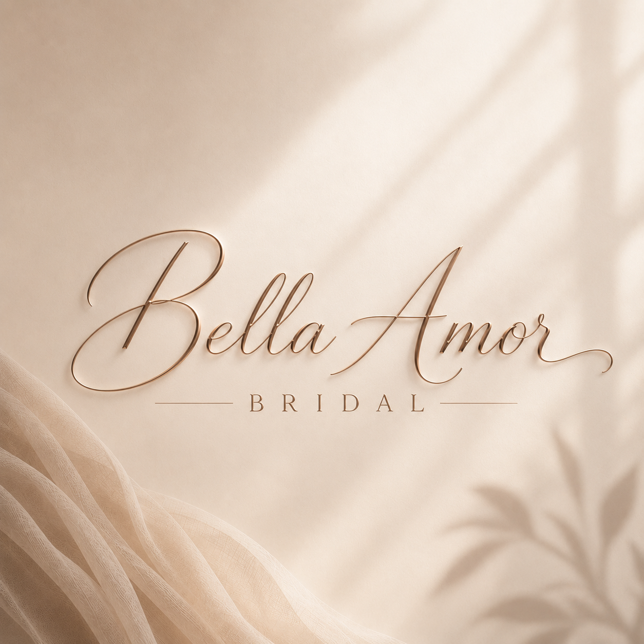 Sign with elegant script reading 'Bella Amor Bridal' on a soft, neutral background with flowing fabric and shadows.