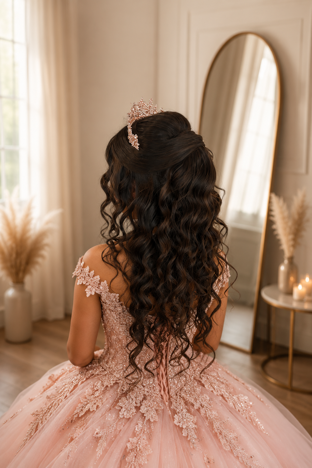 A woman with long, curly dark hair wearing a pink wedding gown with lace details and a tiara, standing in front of a mirror in a bright room.