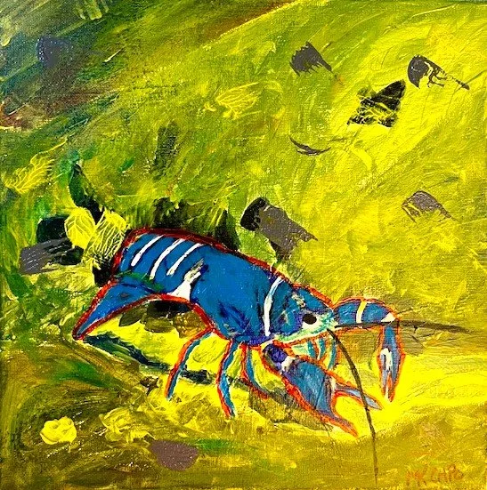 An expressionist painting of a yabby with a blue body and red legs, set against a yellow and green background with black shapes.
