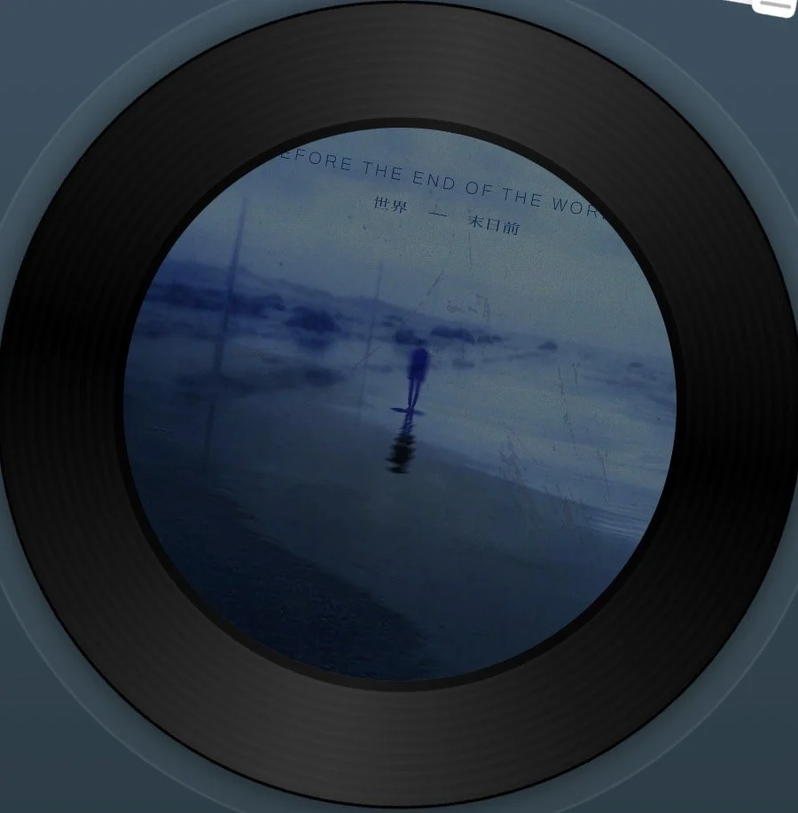 View through a washing machine or dryer door showing a reflection of a person standing on a beach with water, clouds, and sky in the background, with text on the screen that reads 'BEFORE THE END OF THE WORLD'.