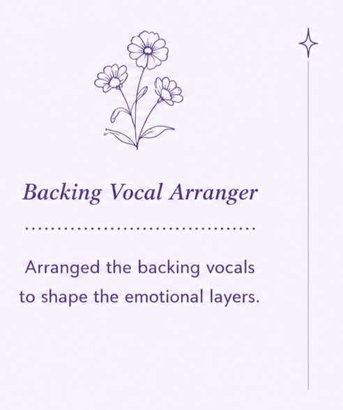 A pamphlet or card titled "Backing Vocal Arranger" with a simple line drawing of flowers at the top and a star symbol on the right side. The text explains the role of a backing vocal arranger in shaping emotional layers.