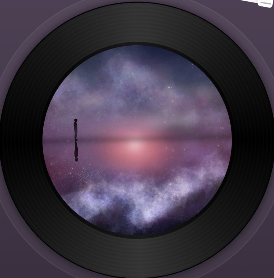 A person standing on a reflective surface under a starry sky with colorful clouds and a pink glow, viewed through a circular lens or window.