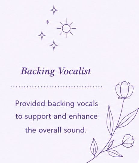 Inspirational quote about backing vocals with a decorative sun, stars, and flower illustrations in purple.