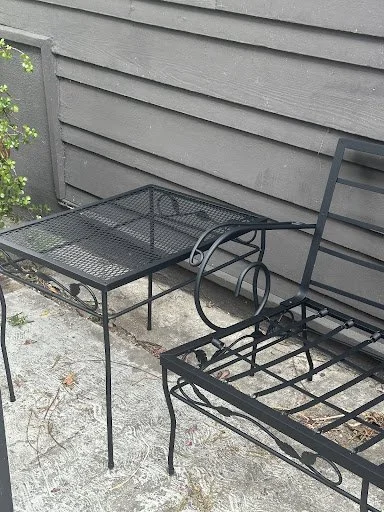 Vintage patio furniture restored with a renewed finish and seating, featured in Julie Grimm Espinoza's review.