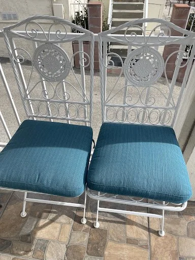 Powder-coated patio furniture with new custom cushions featured in Jazmine Gallegos's restoration review.