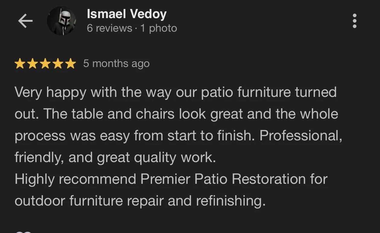 Screenshot of a five-star review of Premier Patio Restoration, praising their outdoor furniture and patio repair work.