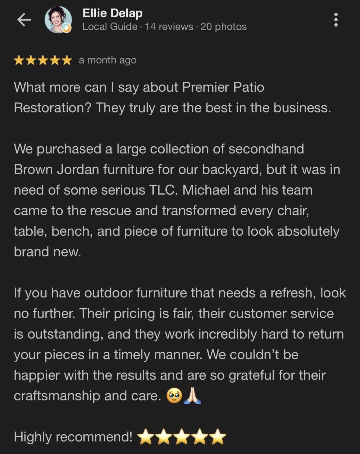 Screenshot of Ellie Delap's review for Premier Patio, praising their outdoor furniture restoration service, with a profile picture and five-star rating.