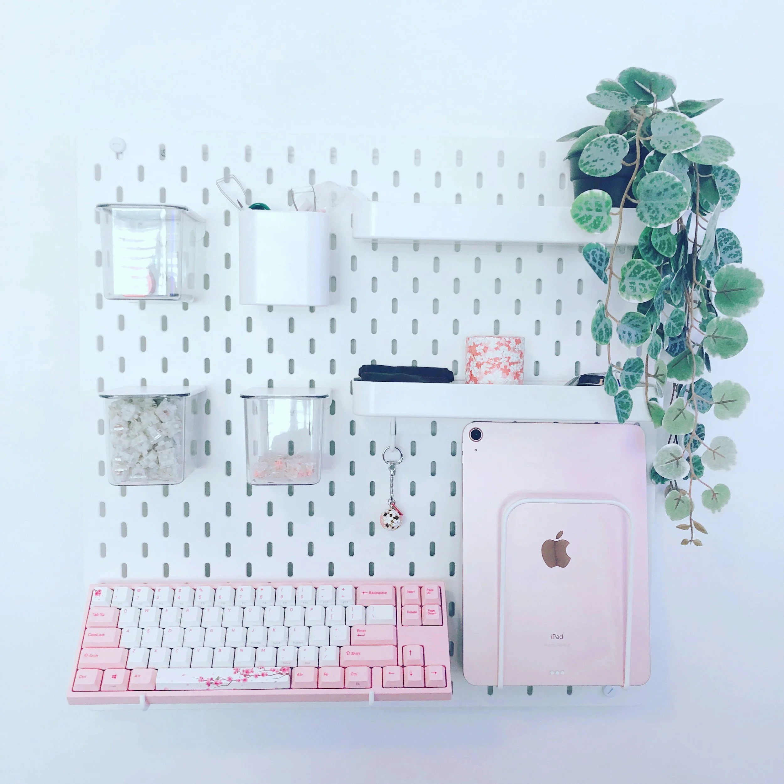 A white desk with a pink and white mechanical keyboard, a white iPad, a glass container of small white pills, a white pen holder with pens, a small glass with a printed design, a large green leafy plant, and a white wall with a pegboard.