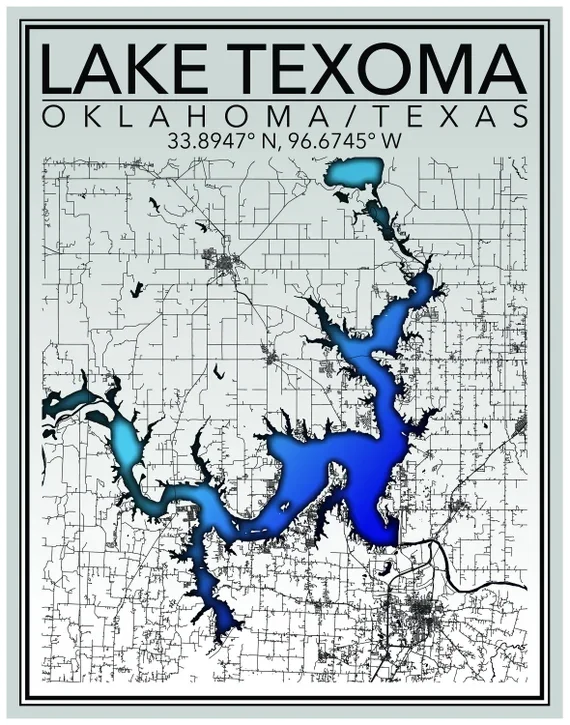 Map of Lake Texoma in Oklahoma and Texas, showing its water boundaries and surrounding roads.