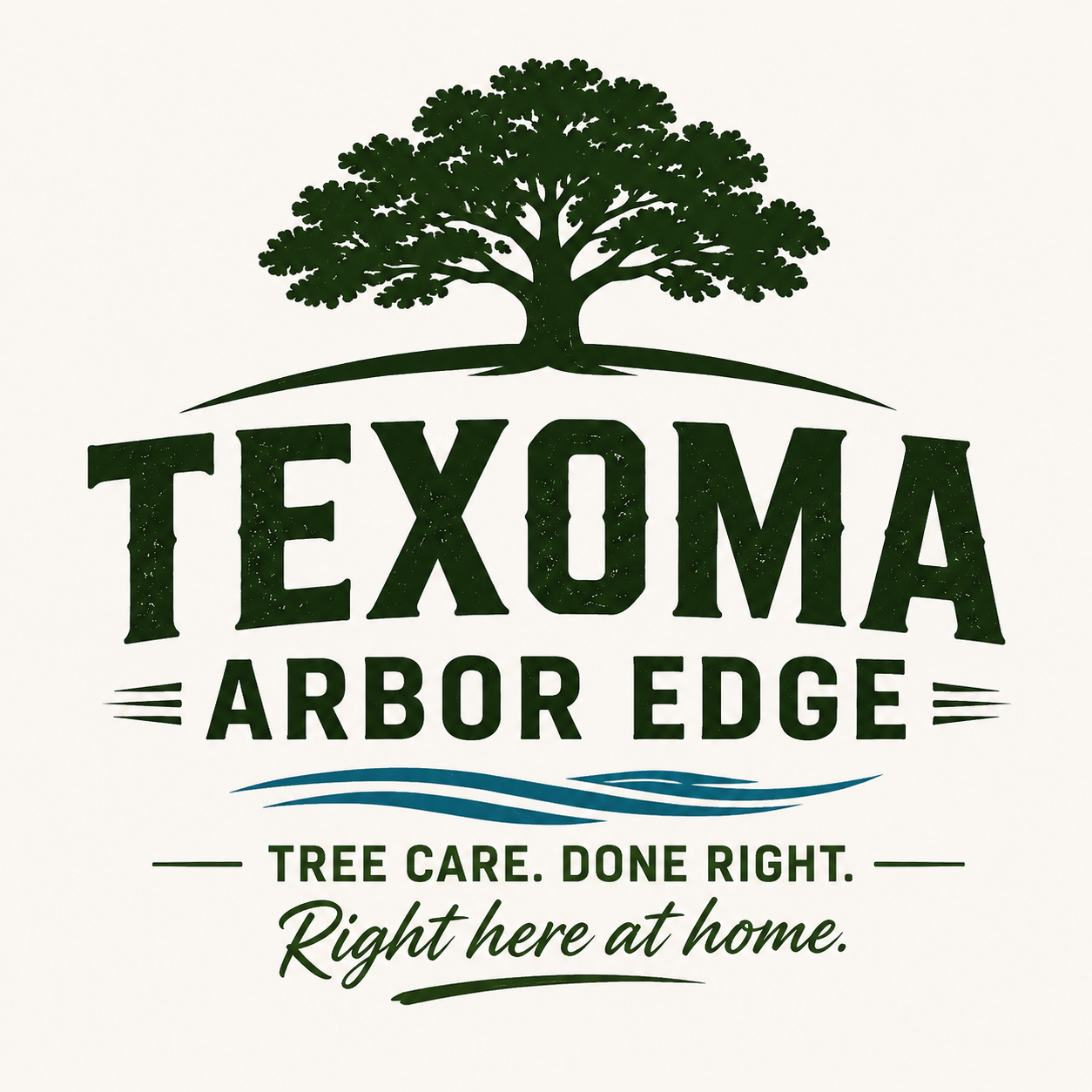 Logo for Texoma Arbor Edge featuring a large tree at the top, the words 'TEXOMA ARBOR EDGE' in bold letters, a blue wavy line underneath, and the phrases 'Tree Care. Done Right.' and 'Right here at home.' at the bottom.
