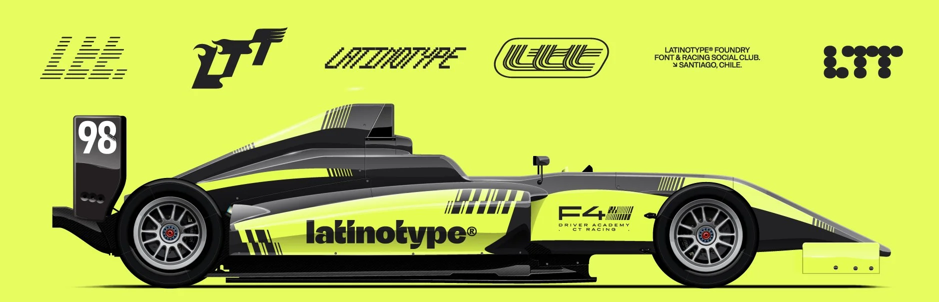 Dibujo de un auto de carreras con fondo amarillo y logotipos, incluyendo la marca Latinotype y detalles de diseño en negro y gris.
