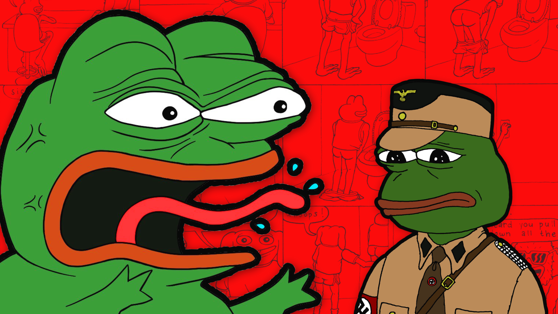 A meme featuring a green cartoon frog, Pepe, to the left of the image, screaming angrily while facing to the right, while another Pepe on the right side of the image has a despondent facial expression while dressed in the uniform of the Nazi SA.