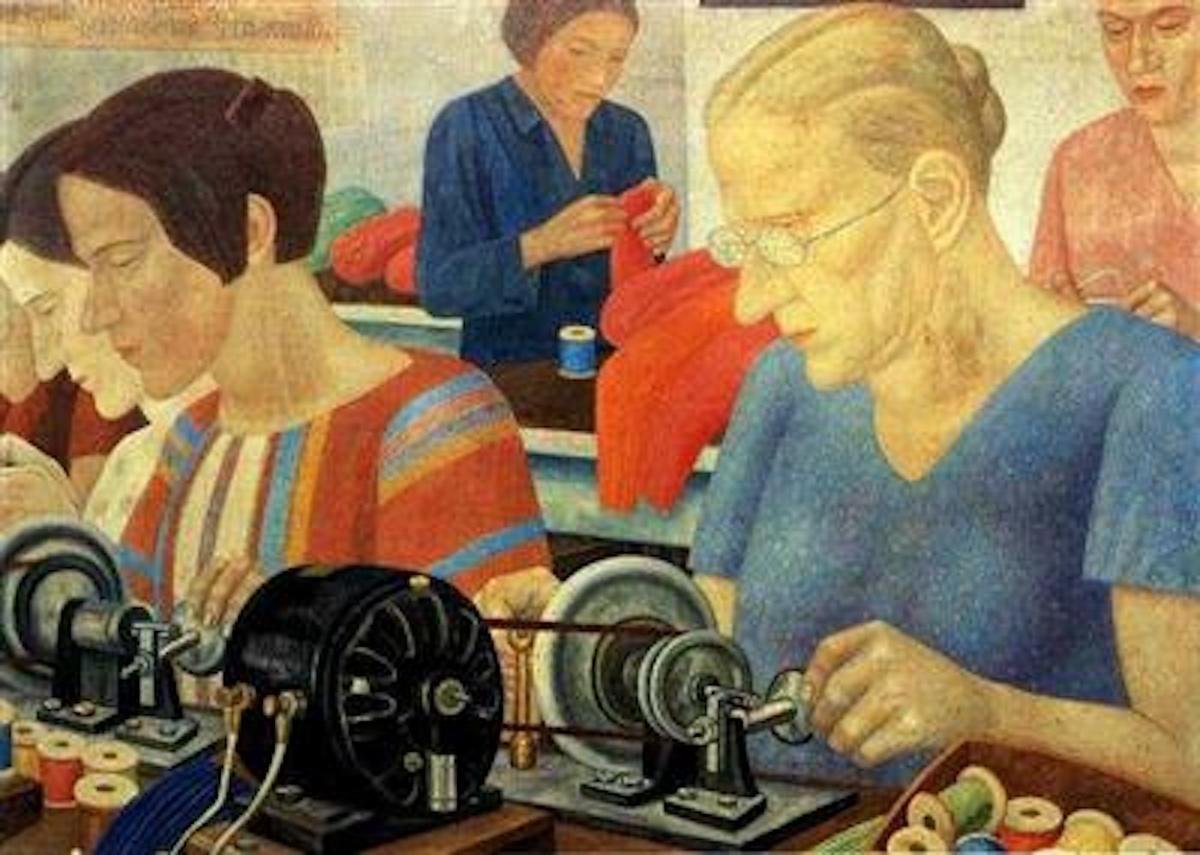 Painting of women working long hours at a textile mill