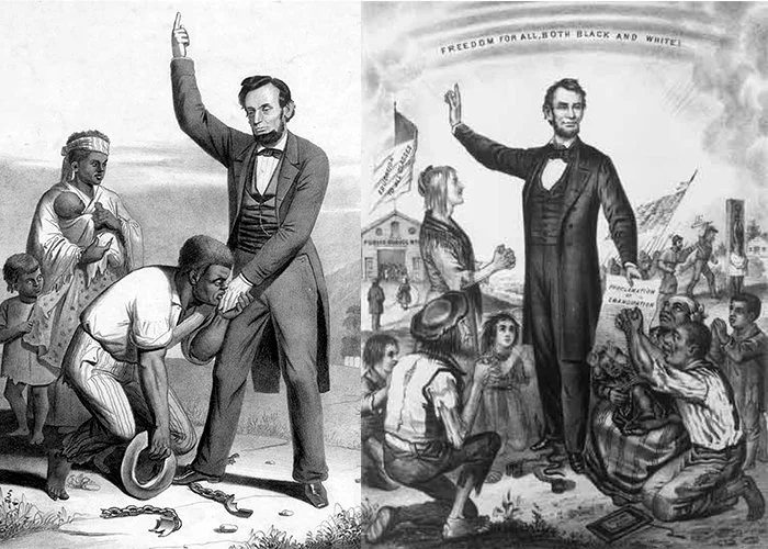 Juxtaposed drawing of Abraham Lincoln beating an African slave, with Abraham Lincoln declaring an end to slavery and racial bigotry, from left to right respectively.