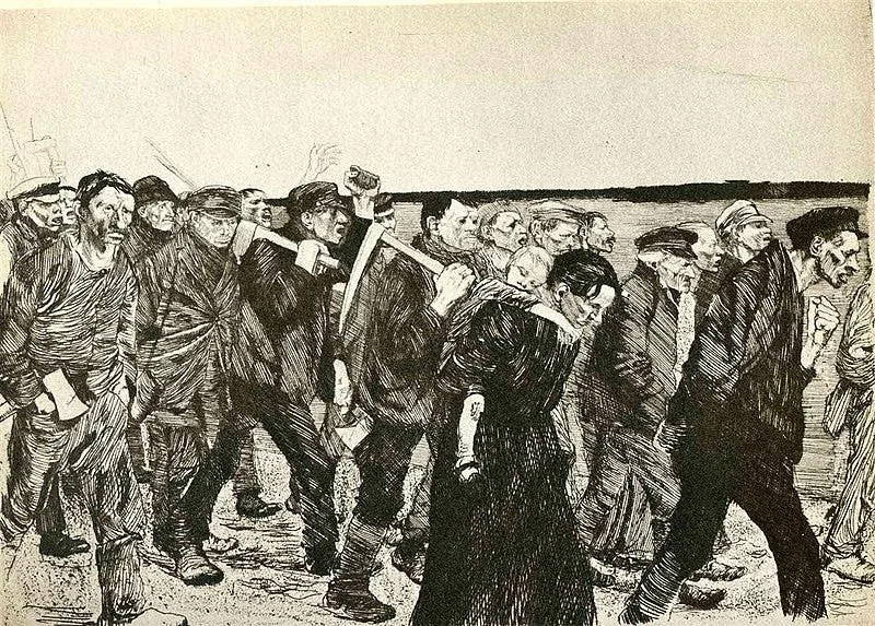Huddled mass of peasant farmers prepare for another grueling day of work