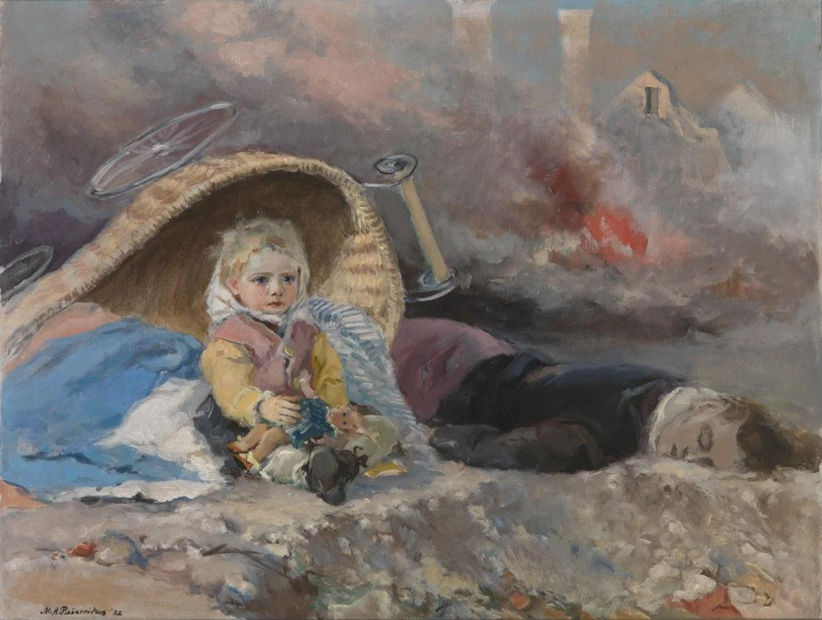Painting of a small girl fallen off their cart with their mother dead of overexertion beside her