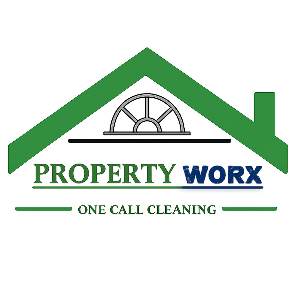 Logo for Property Worx, a cleaning service, featuring a house with a green roof, a window, and text "One Call Cleaning".