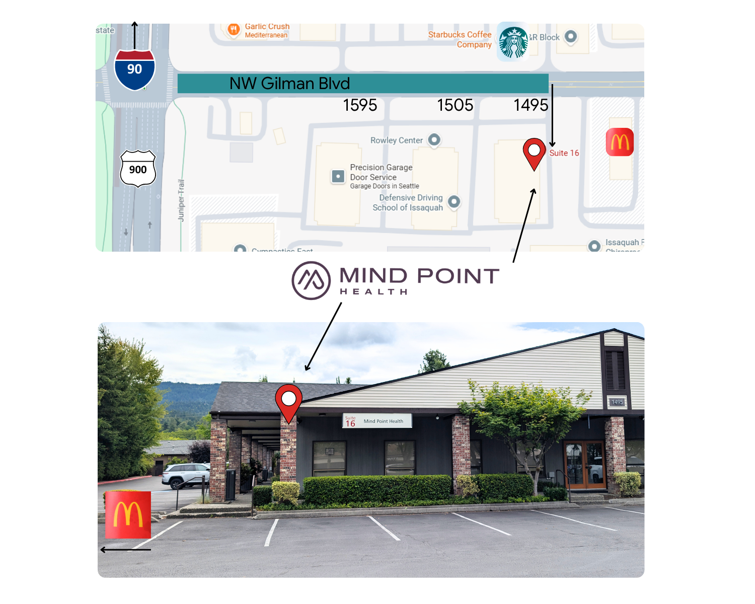 google map location of mind point health. Clearly identifying starbucks and McDonalds
