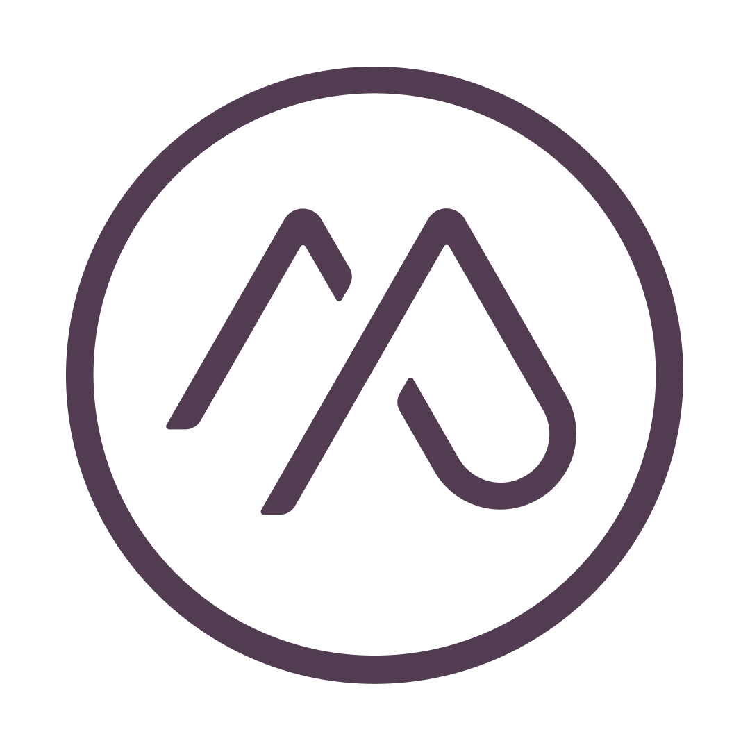 Minimalist logo with mountain peaks inside a circle, using purple lines on a black background.