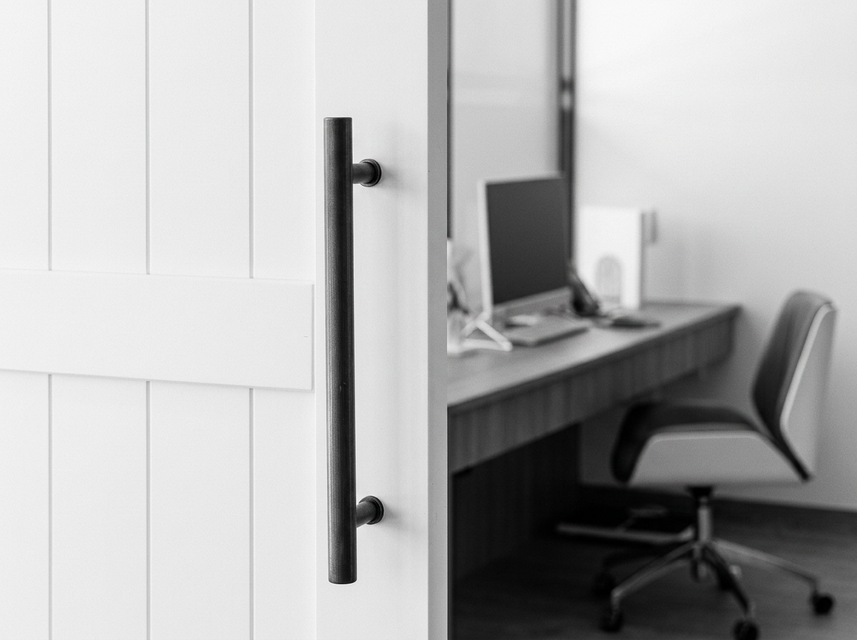 A close-up of a white wooden door with a black vertical handle, partially open to reveal an office space with a desk, computer, chair, and white walls.