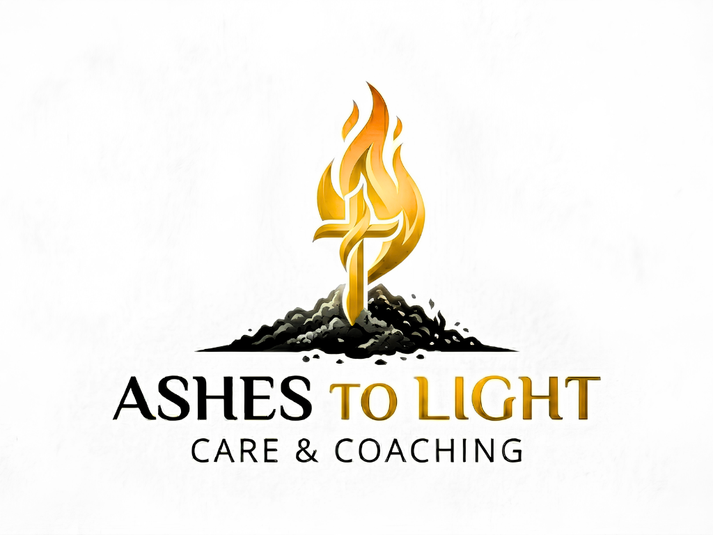 A logo with a golden flame rising from black ashes, and the text "Ashes to Light Care & Coaching" below it.