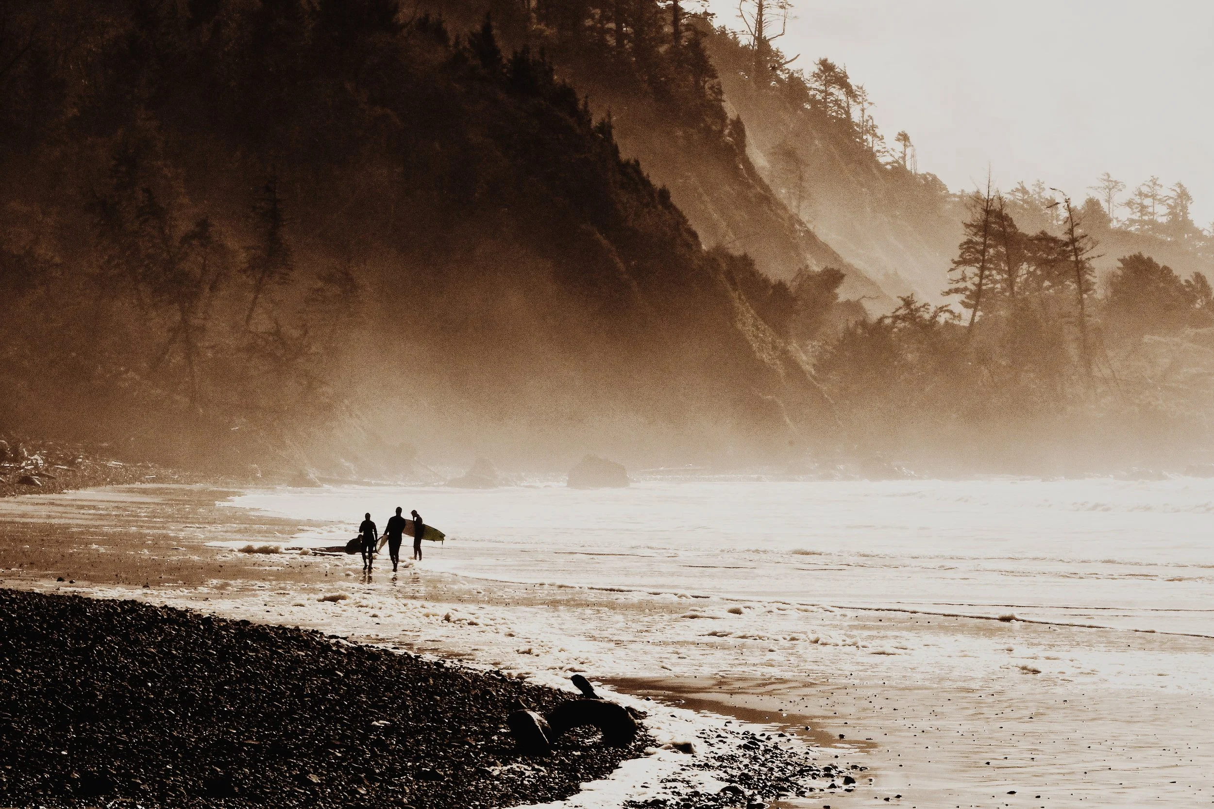 Three people walking along the beach with a surfboard at sunset, with cliffs and trees in the background.