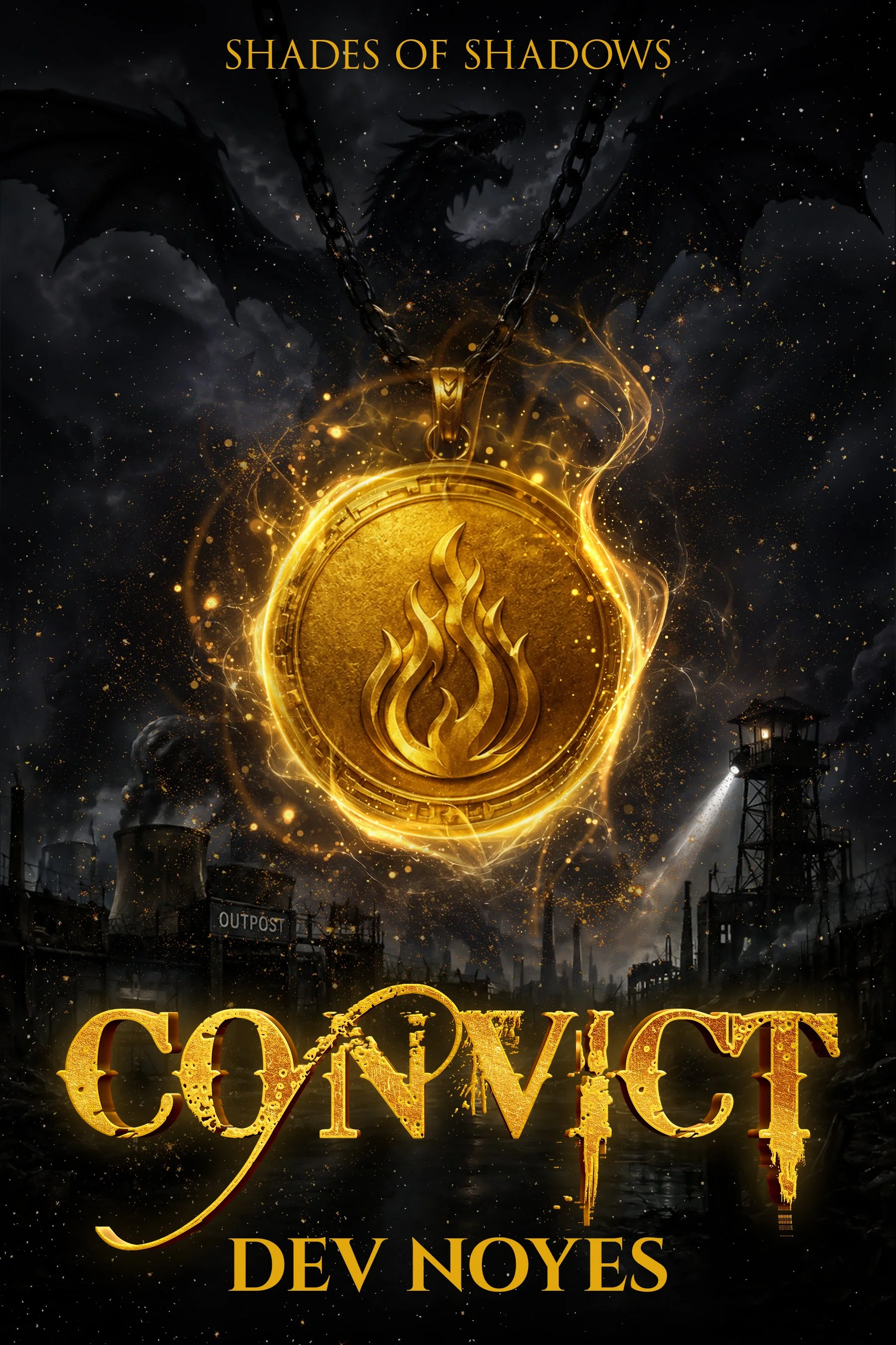 A dark, industrial scene with smokestacks and factories under a cloudy sky. In the foreground, a glowing gold medallion with chains hangs, featuring a flame-like emblem. The words "Shades of Shadows" are at the top, and "Conquest" and "Dev Noyes" are displayed at the bottom in stylized, golden letters.
