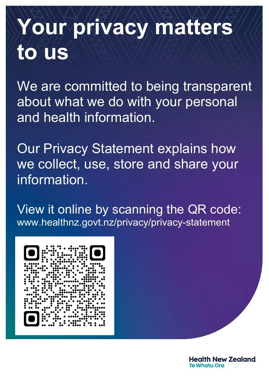 Health New Zealand privacy policy notice, showing summary information, a QR code, and a link to the full Health New Zealand privacy policy