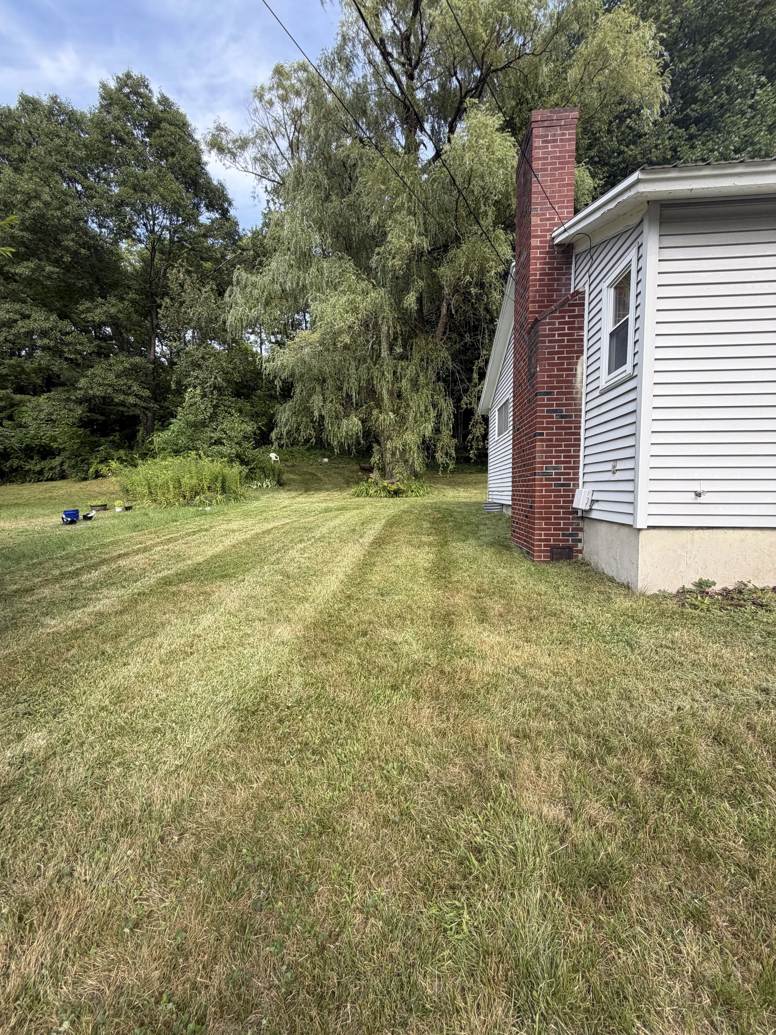 A backyard lawn area with trimmed grass, a white house with a brick chimney on the side, surrounded by trees and shrubs, with some outdoor gardening tools on the grass.