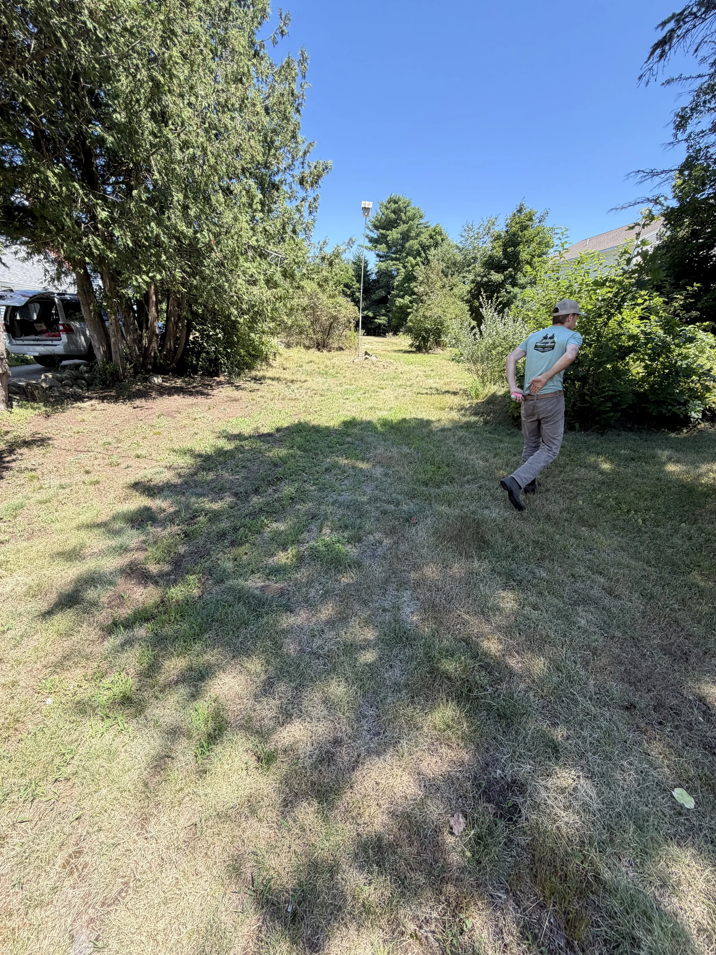 A person wearing a gray cap and light blue T-shirt standing outdoors in a grassy area with trees and bushes, with a clear blue sky overhead.