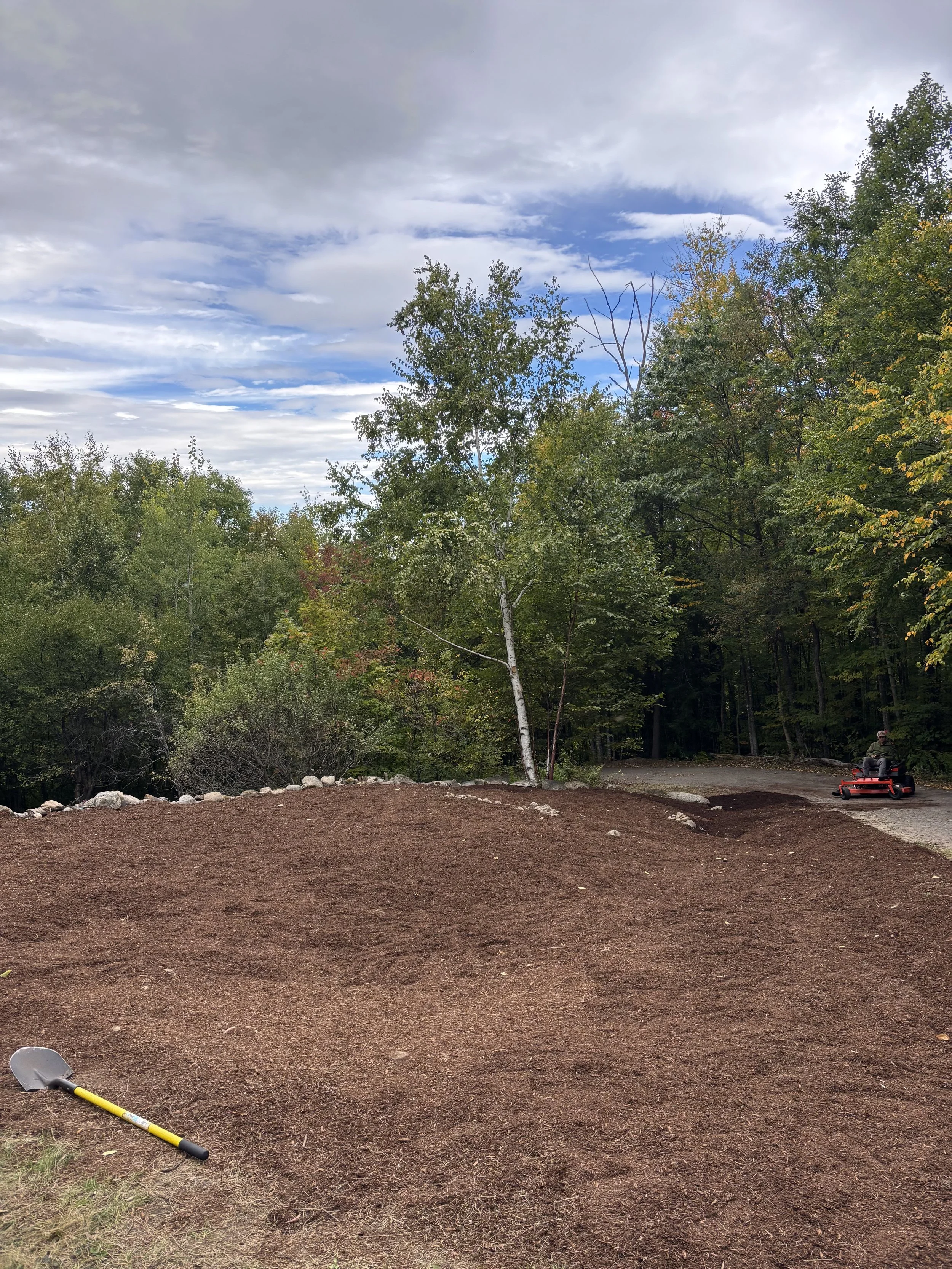 A cleared dirt area in a forest with trees and a cloudy sky overhead. A shovel and a red riding lawn mower are visible in the scene.