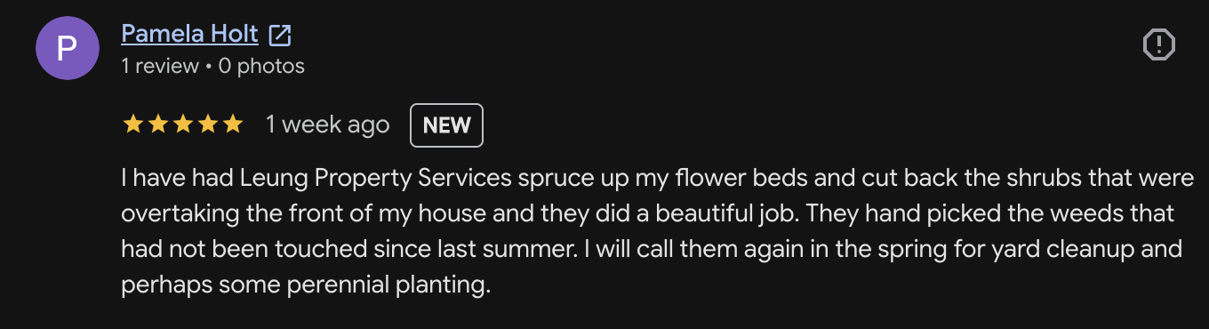 Screenshot of a customer review for Leung Property Services, praising their yard cleanup and shrub trimming work.