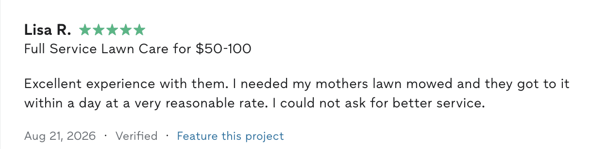 Screenshot of a review for Lisa R. offering full-service lawn care for $50-$100, praising quick and good service.