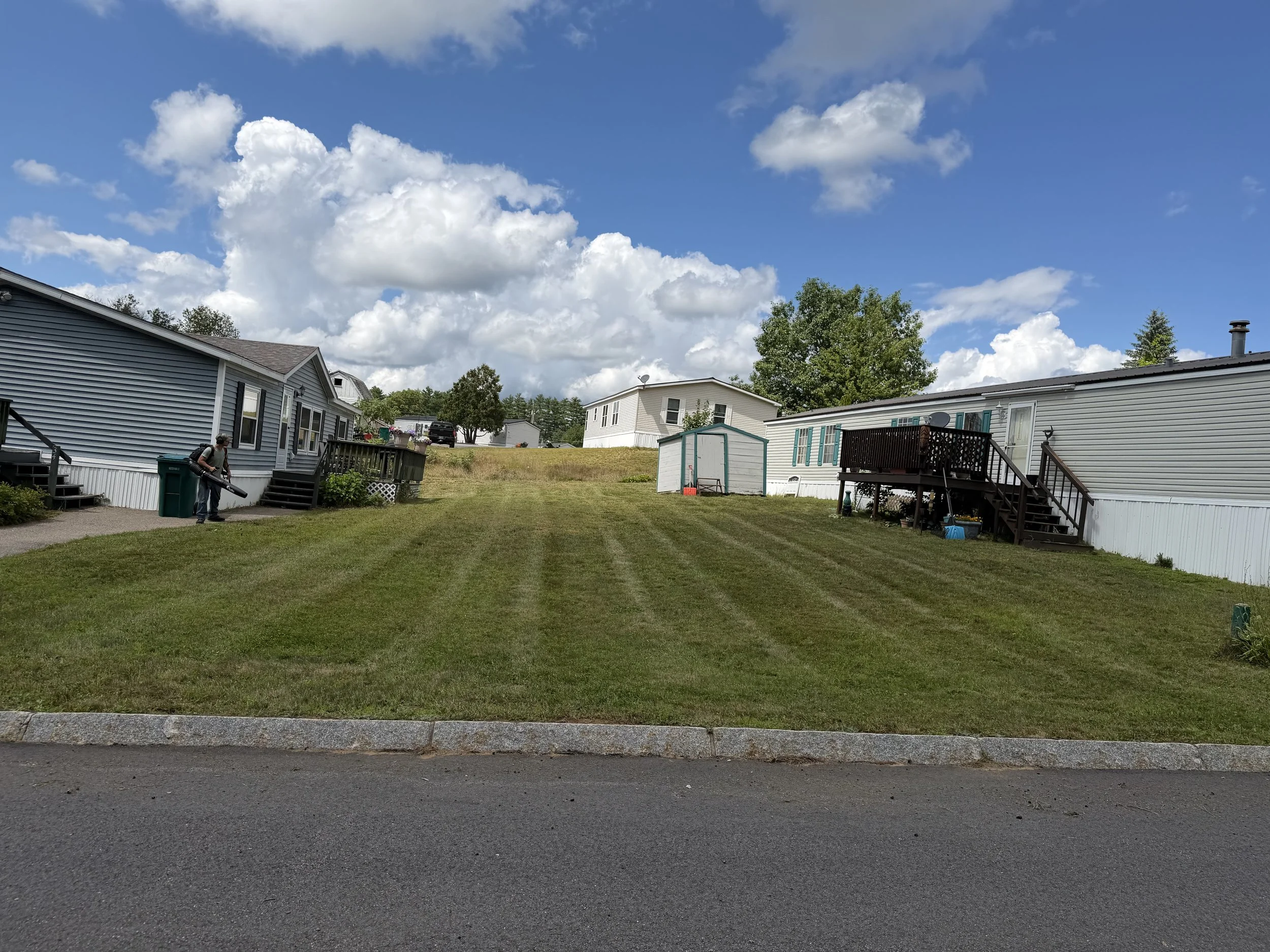 Residential backyard scene with grass lawn, several houses, trees, and a partly cloudy sky.