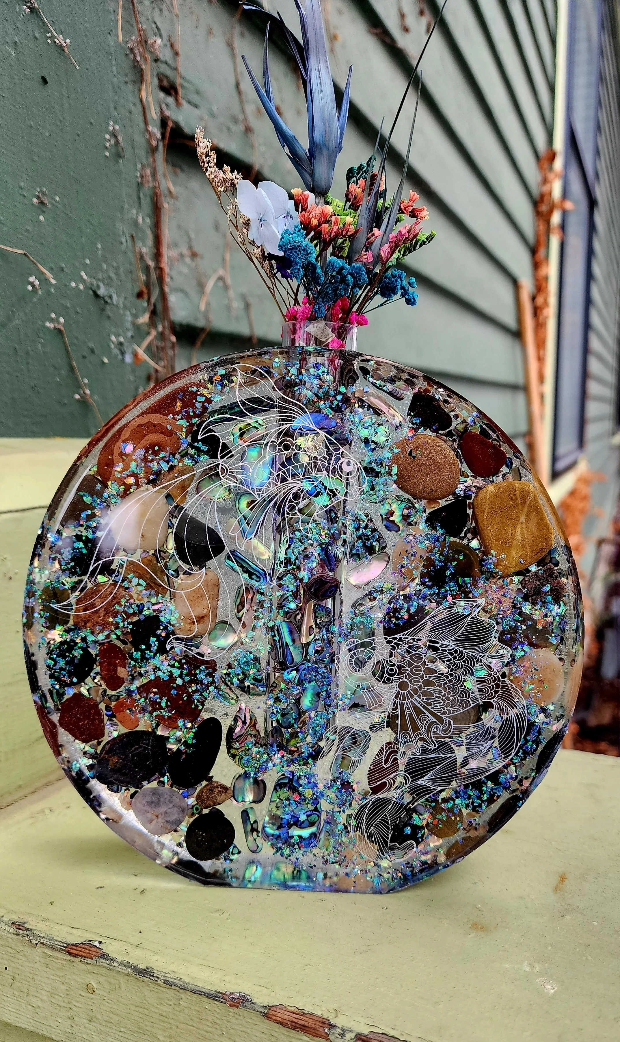7" Wide 8" Tall River Rock & Crushed Opal Bud Vase