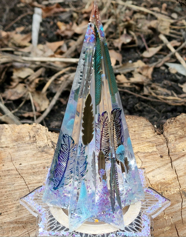3.5" Wide 6" Tall Floating Feathers & Crushed Opal LED Decor