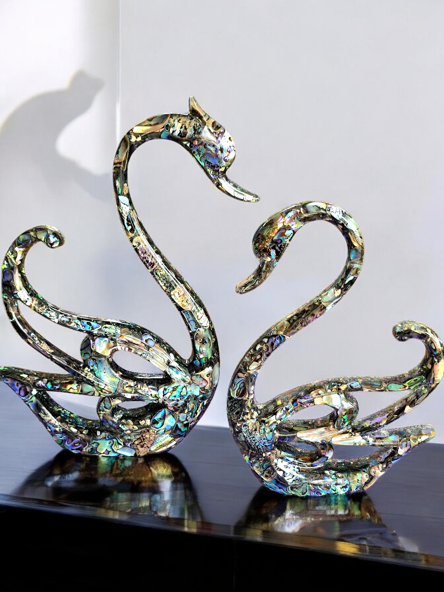 Lg: 8" Wide 10" Tall / Sm: 6" Wide 8" Tall Decorative Abalone Swan Set 