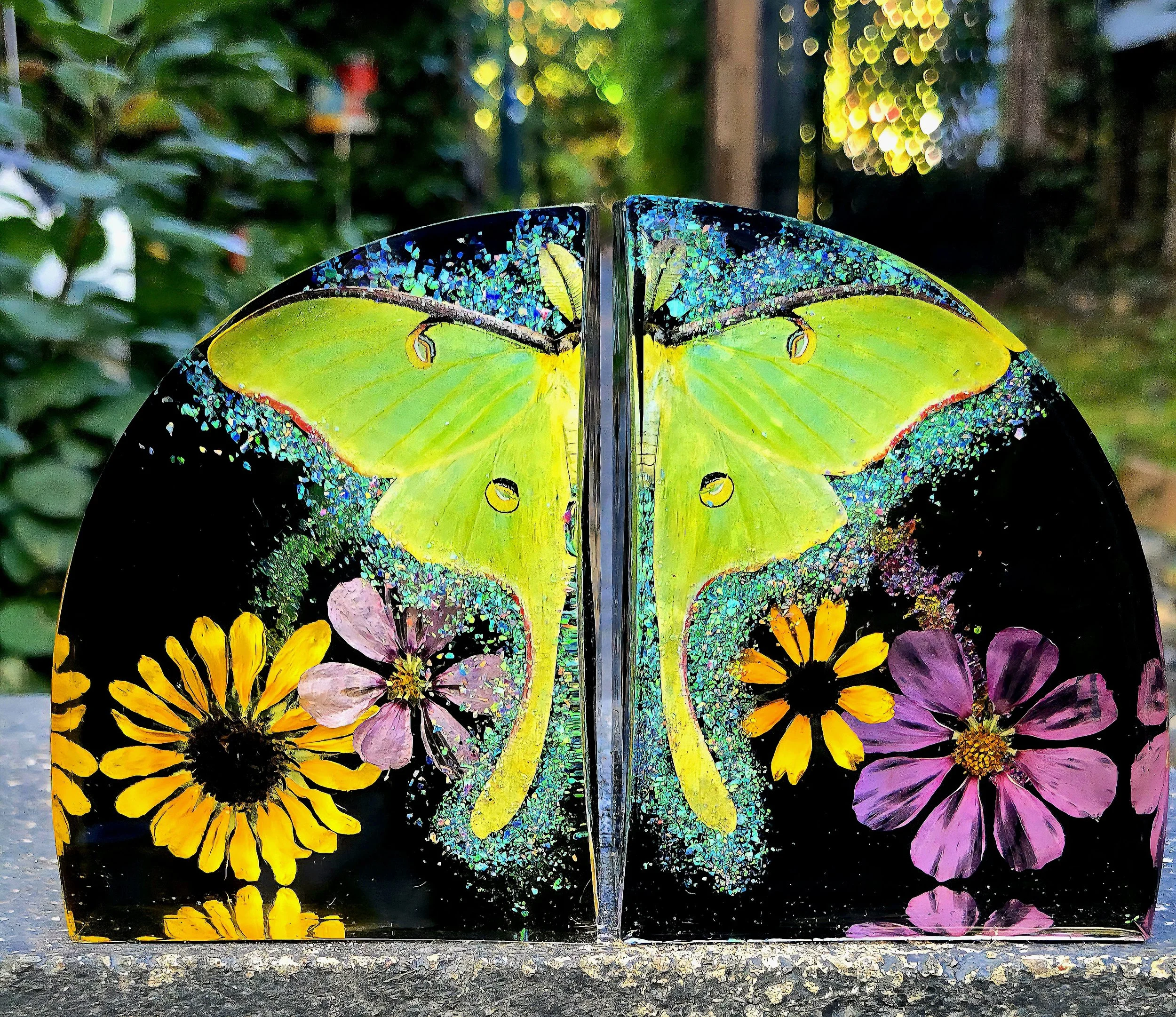 4" Wide (each) 5" Tall Luna Moth & Crushed Opal Bookends